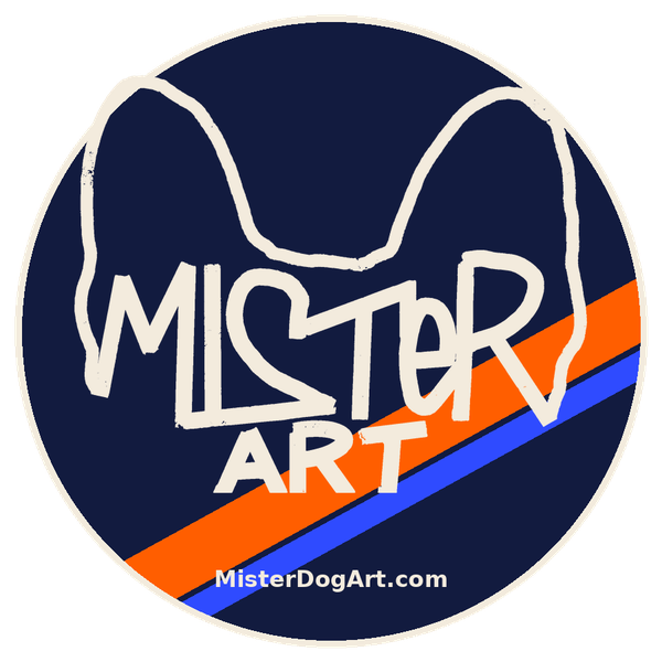 Mister Dog Art badge: hand-drawn French bulldog ears over the word Mister